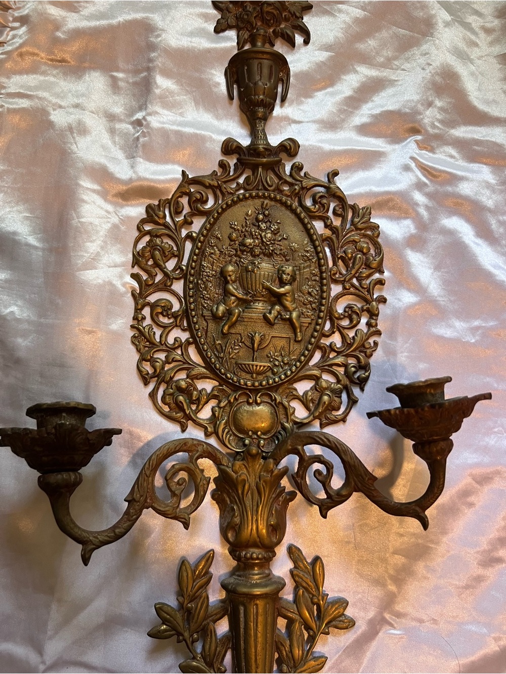Antique Victorian Age Gold Ornate Cherub Wall Candle Sconce 2ft tall